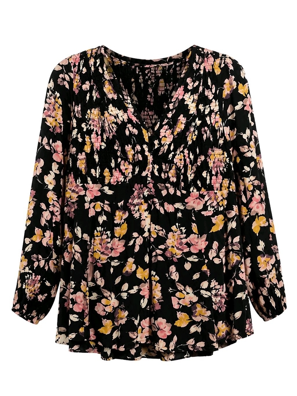 173 torrid 1 1X Black Floral V-Neck Long-Sleeve Tunic - Pink & Yellow Bloom